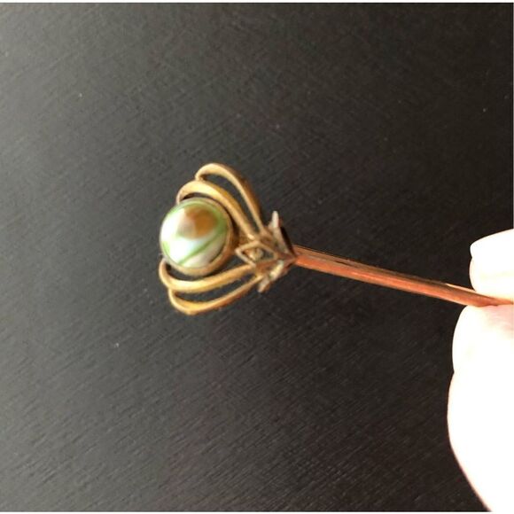 ANTIQUE - 🎉HP🎉 Brass? & Tiger Eye Art Nouveau Bar Pin/Collar Bar/Kilt Pin - Picture 3 of 10